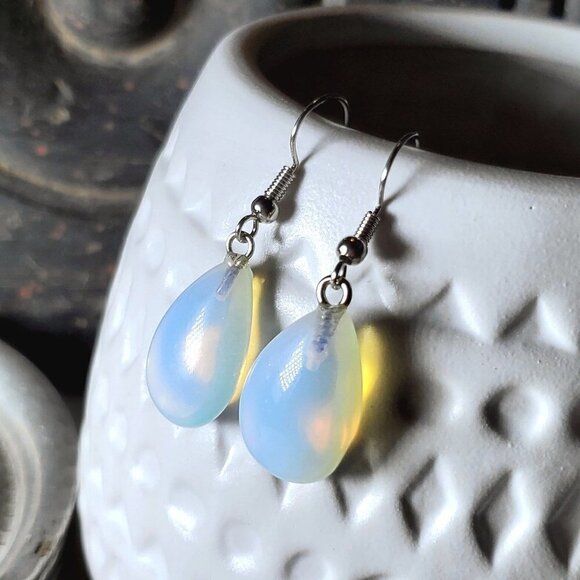 Opalite Gemstone Puffed Teardrop Handcrafted Translucent Dangle Earrings - Picture 1 of 4